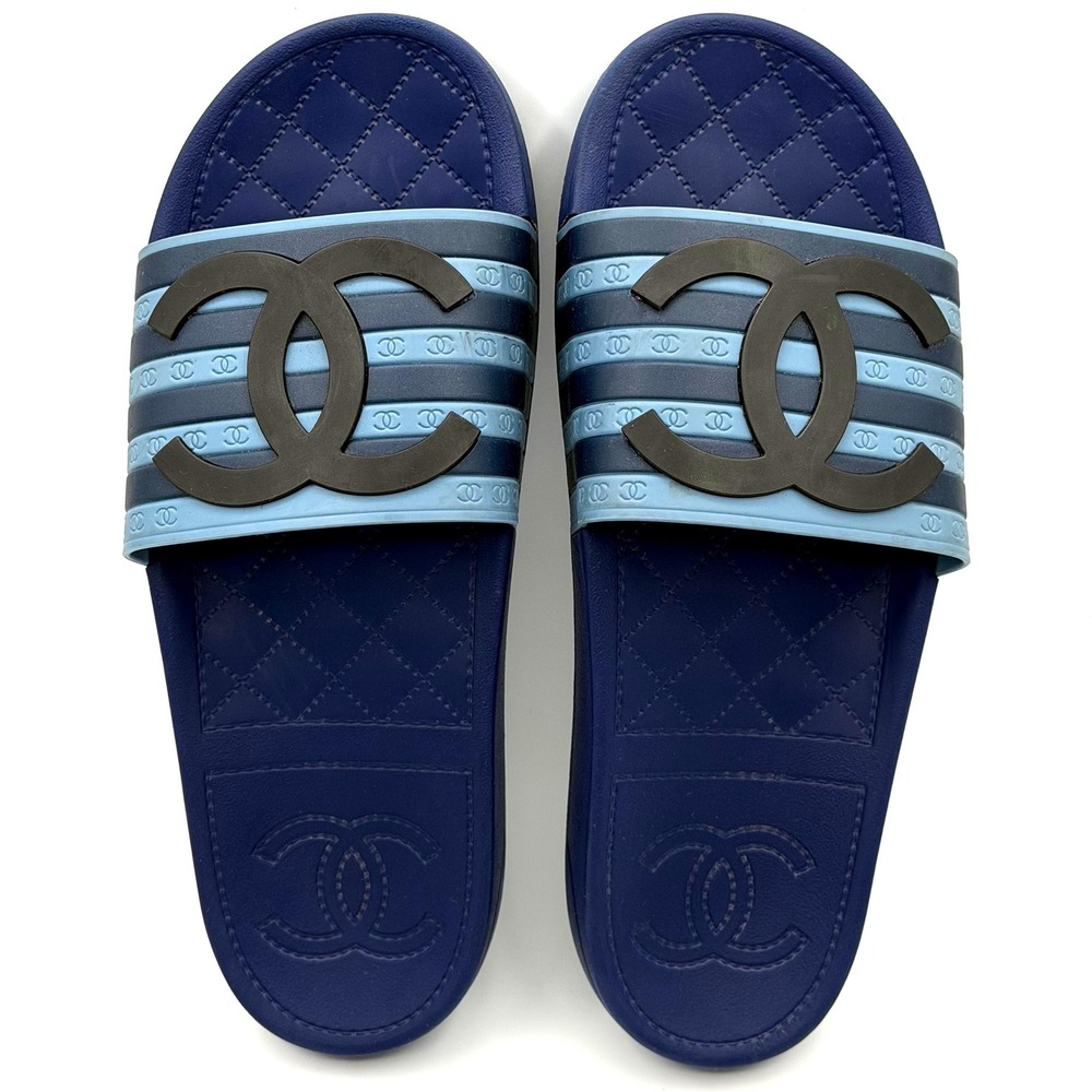 Chanel G33611 CC Logo Rubber Slide Sandals Blue Navy Italy EU 40 US 9 Designer